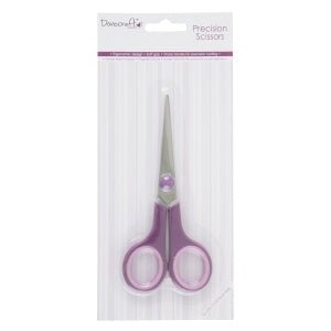 A pack of Dovecraft Precision Scissors (DCBS22) by Printable Heaven features sharp blades and soft purple handles, presented vertically in clear plastic and white cardboard packaging labeled "Precision Scissors.
