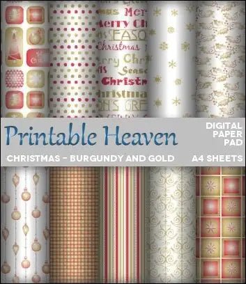 Download - Digital Paper Pad - Christmas - Burgundy and Gold - Printable Heaven