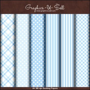 Six baby blue backing papers from Printable Heaven, featuring plaid, polka dots, and stripes, are displayed vertically. This digital download is titled "Download - Baby Blue Backing Papers." Ideal for printable backgrounds.