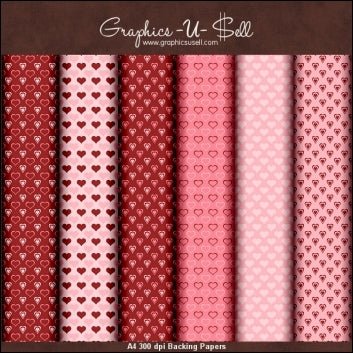 Seven vertical strips of A4 Valentine Hearts Backing Papers by Printable Heaven, in red and pink with love-themed designs, arranged side by side. Perfect for digital download.