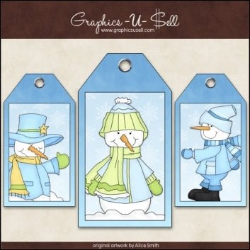 Add charm to your gifts with Printable Heaven’s "Download - Tags - Winter Wonderland": three illustrated printable hang tags featuring snowmen in winter attire—scarf, hat, and mittens—on a snowy light blue background. Downloadable and easy to use!.