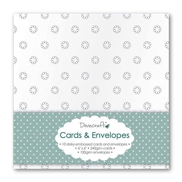 The Printable Heaven Dovecraft Daisy Embossed 6"x6" Cards & Envelopes (10pk) (DCCE020) includes 10 white 240gsm cards and 100gsm envelopes, with a daisy pattern. Packaging features small daisies and a blue-green polka dot label.