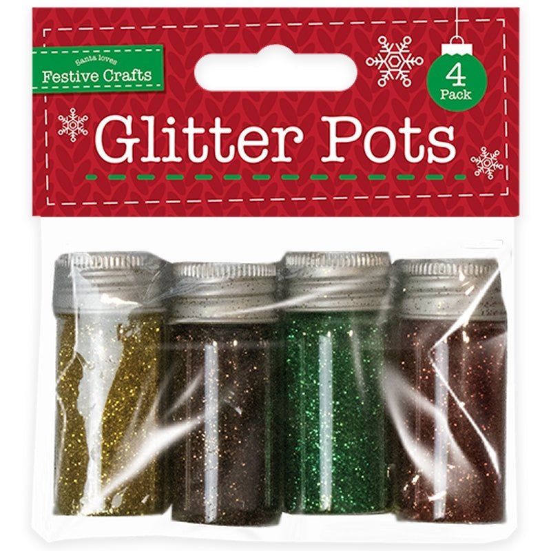 The Printable Heaven Christmas Glitter Pots 4 Colours (XMA4065) pack includes four small bottles of gold, red, green, and silver glitter under a festive holiday header—ideal for your craft box.