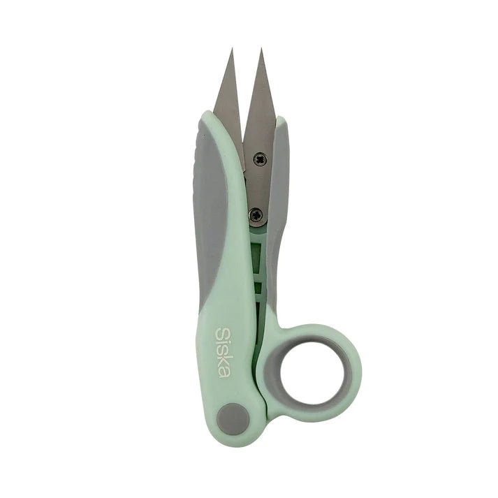 The Siska 5-inch Snip Scissors by Printable Heaven (SKSCR001) feature silver titanium blades and a mint green and gray handle—ideal for precise sewing and crafting projects.
