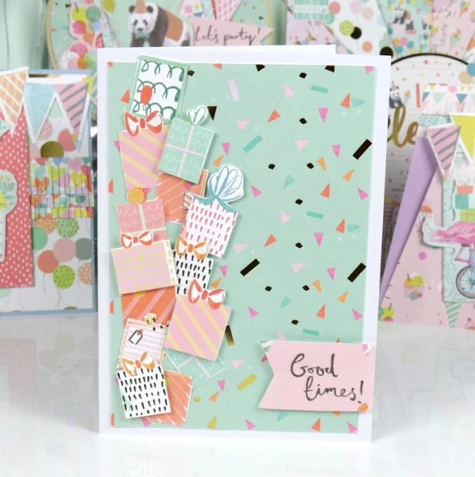 The Printable Heaven First Edition 6x6 Paper Pad - Let’s Celebrate (FEPAD190) features festive designs like teal backgrounds, confetti, and gift boxes on sturdy 200gsm cardstock—perfect for colorful cards and creative projects.