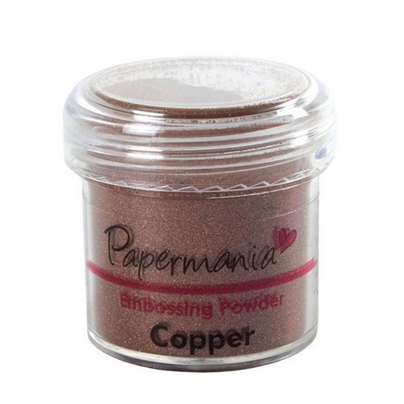 The Printable Heaven Embossing Powder (1oz) - Copper (PMA 4021014) comes in a clear plastic jar with a screw lid, ideal for use with pigment ink pads to create stunning metallic effects.