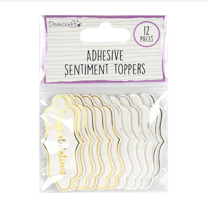 Dovecraft Essentials Die Cut Toppers - Congratulations (DCBS184) by Printable Heaven. Includes 12 white toppers with gold and silver borders, ideal for handmade cards or scrapbooks; one reads 'Congratulations' in gold.