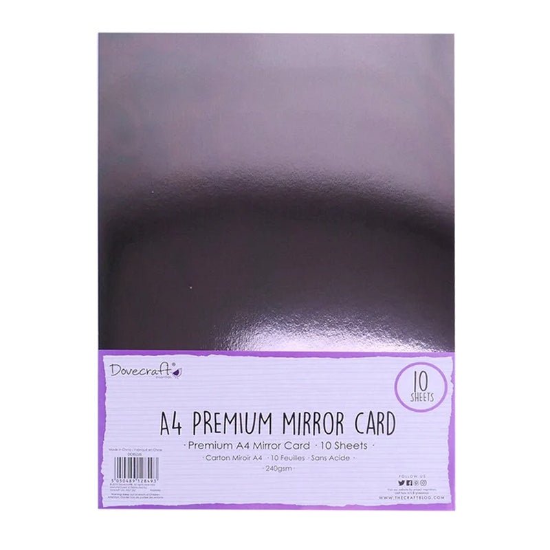 A pack of Printable Heaven Dovecraft A4 Mirror Card - Gunmetal (DCBS235) with 10 shiny sheets, featuring a purple label at the bottom—ideal for adding a reflective touch to your next creative project.