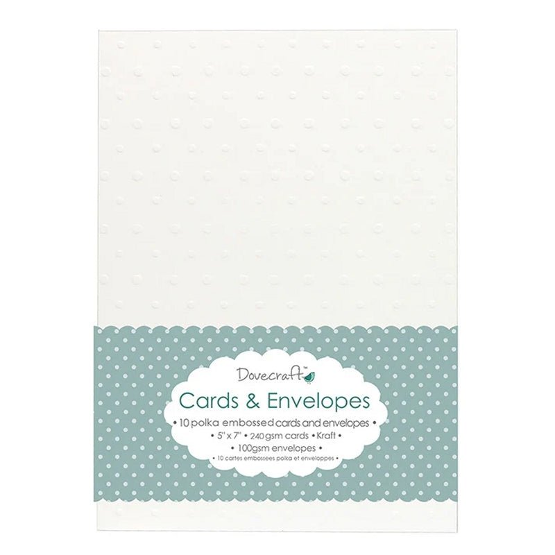 Printable Heaven Dovecraft 10 Polka Embossed White 5"x7" Cards & Envelopes (DCCE021) includes 10 white polka-dot embossed cards with matching envelopes in blue polka dot packaging with white and grey product details.
