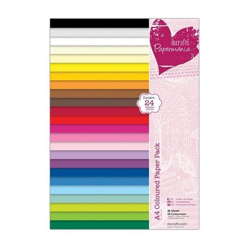 The Printable Heaven Papermania A4 Coloured Paper Pack (PMA 160501) includes 48 sheets of 160gsm paper in 24 vibrant colors, stacked horizontally, with packaging featuring a pink and white decorative design on the right.