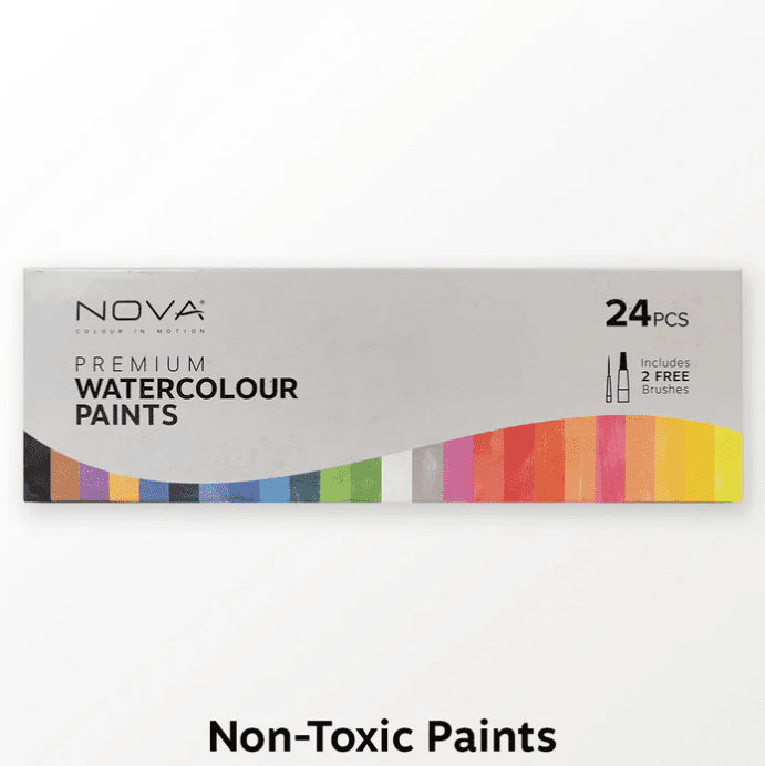 The Printable Heaven Nova Premium Watercolour Paints - Set of 24 (NVMXM022) comes in a rectangular box with a color gradient strip, includes 2 free artist-grade brushes, and has "Non-Toxic Paints" printed below.