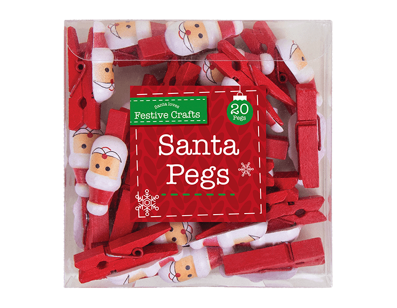 This 20-pack of Christmas Santa Wooden Pegs (XMA3199OB) by Printable Heaven features smiling Santa faces—ideal for holding Christmas cards or festive crafts.