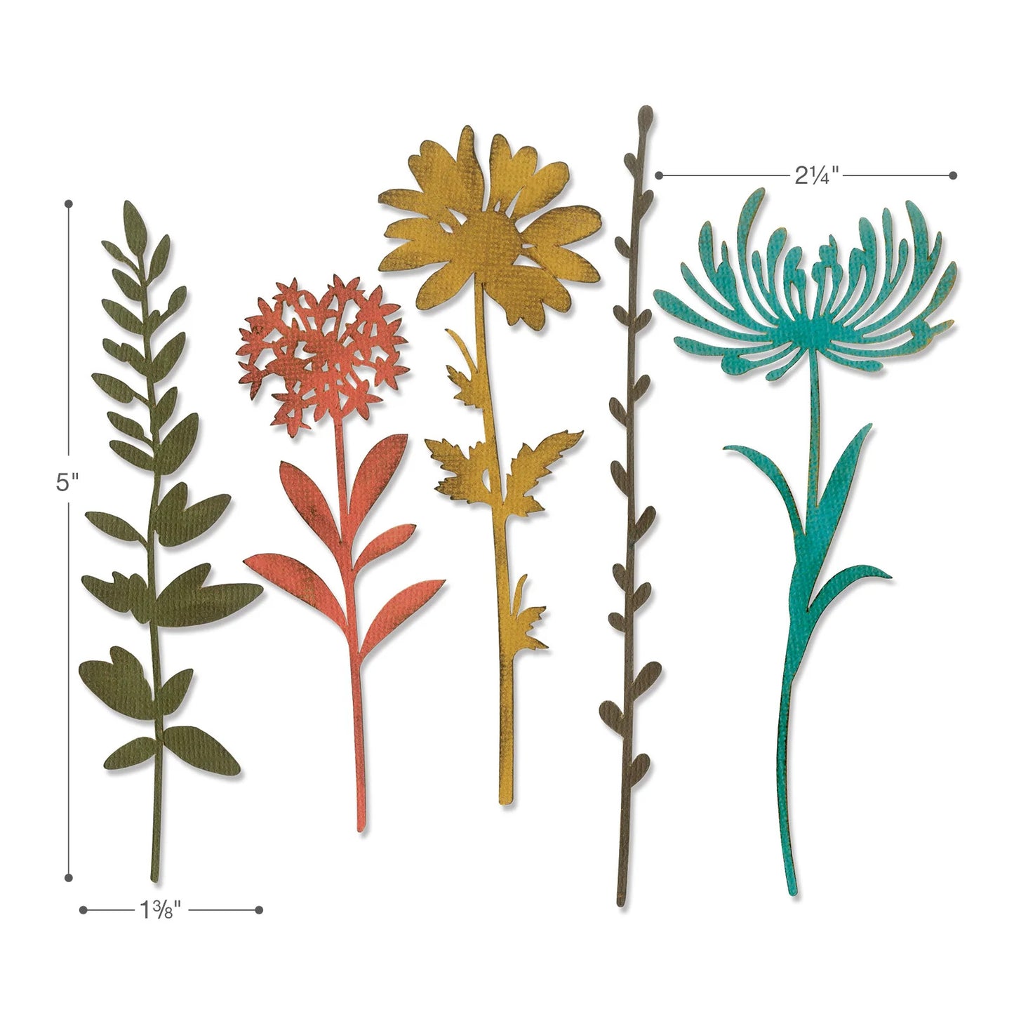 Five vibrant, textured paper cutouts of wildflowers and stems, crafted using the Wildflower Meadow Cutting Die Set (4 PCS) (DJ026) by Printable Heaven, are displayed with measurements. From left to right, the flowers are green, red, yellow, brown, and teal—ideal for any project that calls for a botanical die set. Heights range from 5 inches to 5¼ inches; widths are 1⅞ inches and 2¼ inches. These floral shapes add a cheerful touch to your crafts.