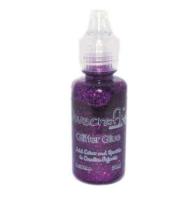 A small plastic bottle of Printable Heaven Dovecraft Glitter Glue - Brights Amethyst (DCBS69), filled with purple, acid-free glitter and topped with a clear pointed cap, features a label detailing “Glitter Glue” and product info.