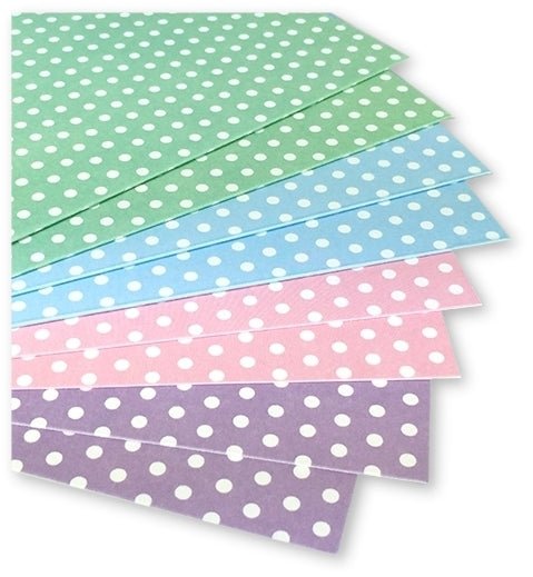 The Dovecraft Pastel Polka 6"x6" Cards & Envelopes (8pk) by Printable Heaven features pastel green, blue, pink, and purple polka dot cards—perfect for creative cardmaking with included matching envelopes.