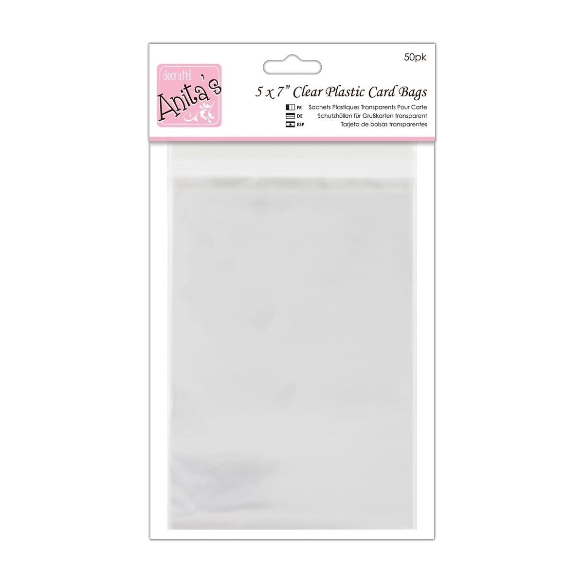 A 50-pack of Printable Heaven Anita's Card Bags - 5x7 (ANT 1651006), in white and pink packaging with a transparent window showing the clear card bags inside.