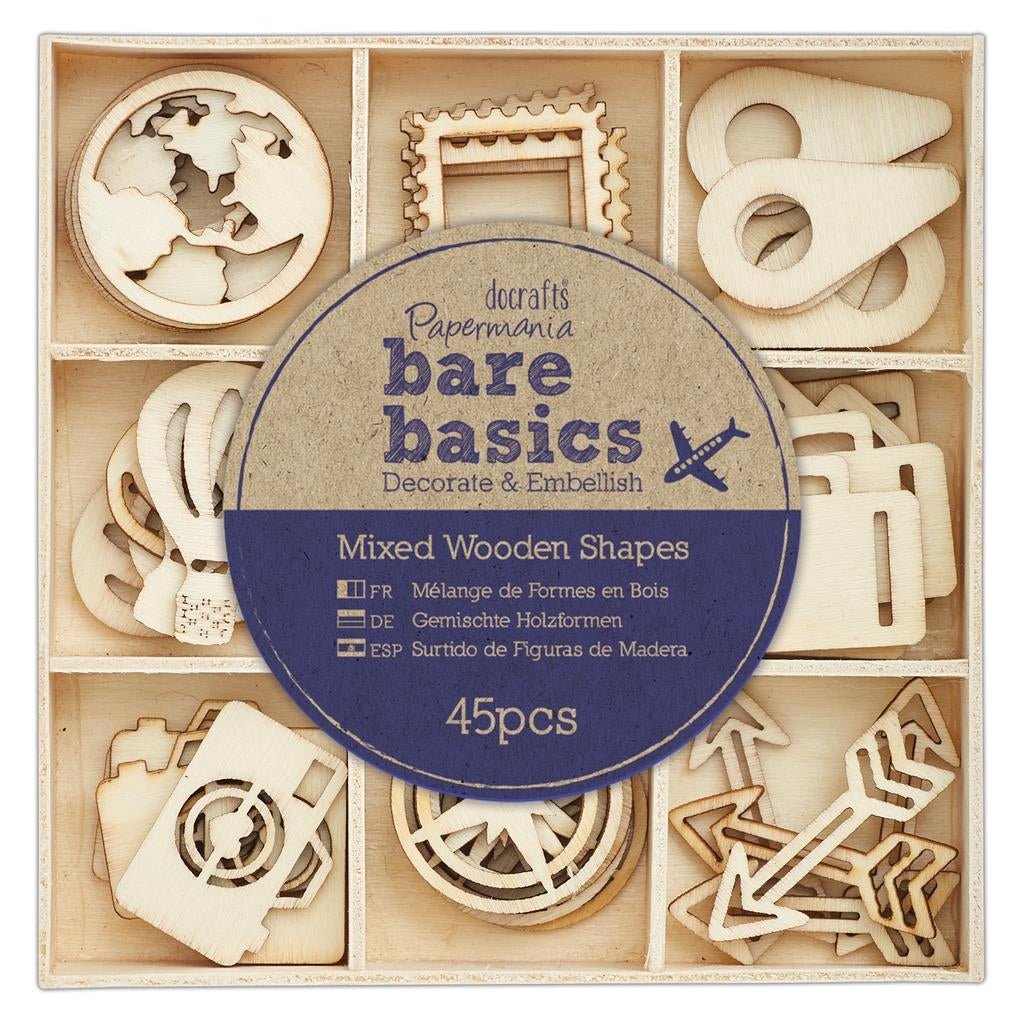 A Printable Heaven Wooden Shapes Tray - Travelling (Bare Basics, 45pcs) contains assorted unfinished wooden shapes like arrows, cameras, hearts, and globes in compartments—ideal for card making and scrapbooking.