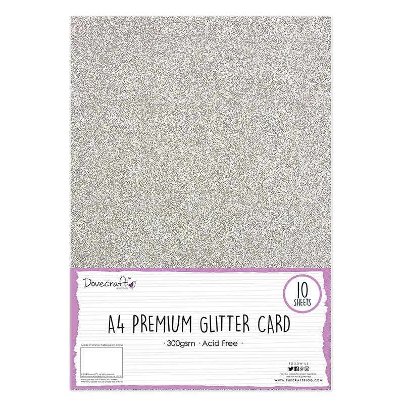 A pack of Printable Heaven A4 Premium Glitter Card - Silver includes 10 glittered card sheets, each 300gsm and acid free, featuring a dazzling silver surface. The product comes in packaging with a purple and white design.