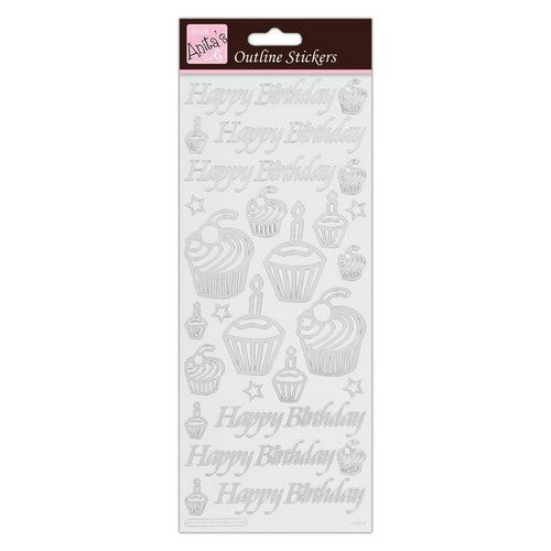 Anita's Outline Stickers - Birthday Cupcake - Silver on White (ANT 810270 )