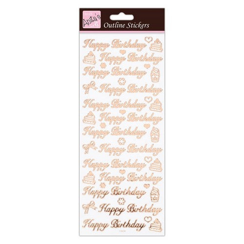 Anita's Outline Stickers - Happy Birthday - Rose Gold On White (ANT 810279 )