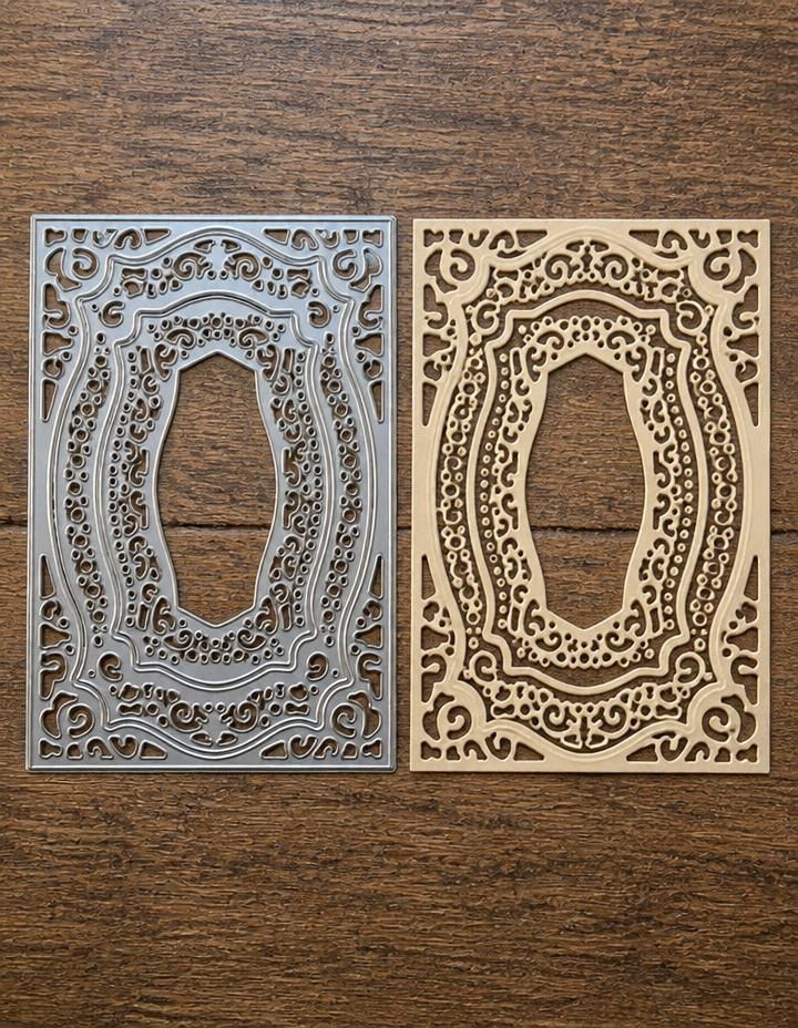 A detailed Ornate Layered Frame Cutting Die (3 PCS) (SP110) by Printable Heaven and its matching intricate paper cutout with ornate oval designs are placed side by side on a wooden surface, highlighting the elegance of this decorative die set.