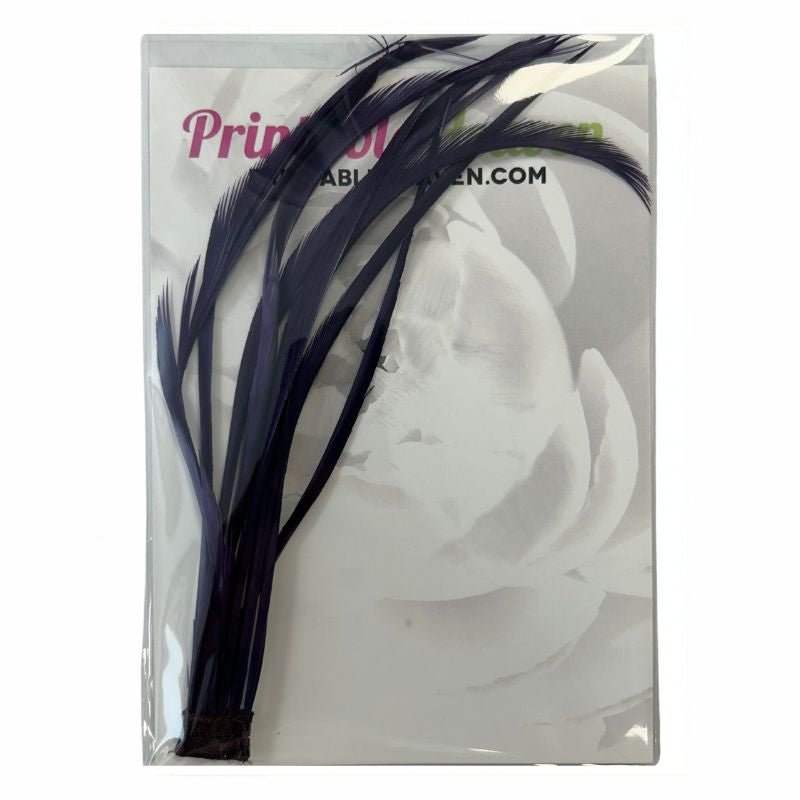 A bundle of long, navy Goose Biot Feathers in a clear plastic sleeve.