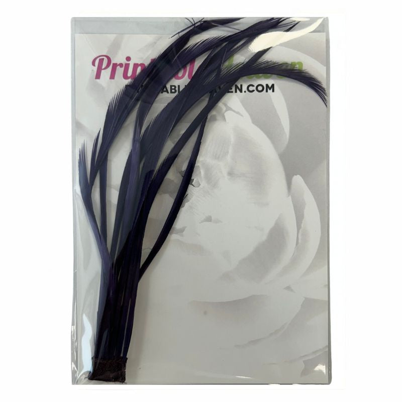 A bundle of long, dark navy blue Stripped Coque Feathers in Navy in a clear plastic package.