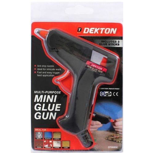 The Printable Heaven Dekton Mini Glue Gun 10W (DT60850) features a black and red design, includes 2 x 7mm glue sticks, and has a fast trigger plus anti-drip nozzle for clean, mess-free hot melt gluing.