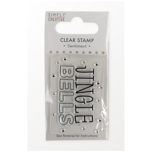 The Printable Heaven Simply Creative Mini Clear Stamp - Jingle Bells (SCSTP059X21) features bold "JINGLE BELLS" text and festive star packaging, making it ideal for adding a cheerful holiday sentiment to your crafts.