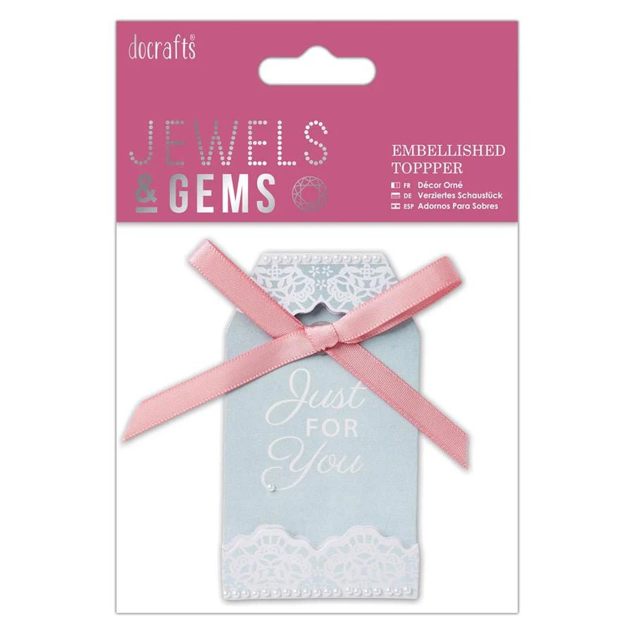 The Printable Heaven Embellished Topper - Just for You Tag (PMA 359014) features lace-like edges, a pink satin bow, and the words "Just For You"—ideal for adding a decorative touch to cards.