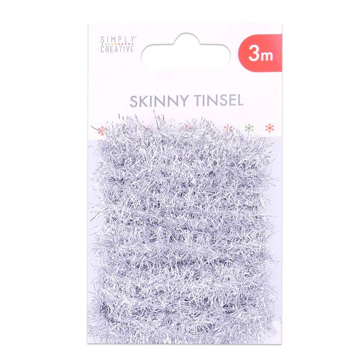 Simply Creative Skinny Tinsel Silver (SCTOP067X19) by Printable Heaven—a 3m silver tinsel coil in clear snowflake packaging, perfect for adding sparkle to holiday decorations or festive accessories.