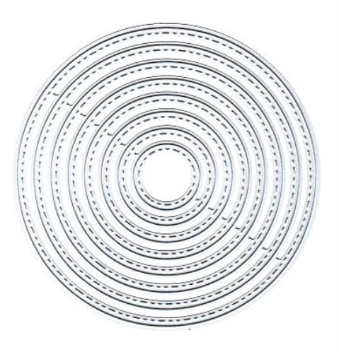 The Printable Heaven 8-Piece Stitched Edge Circle Cutting Die Set (D139) features eight nested, concentric metal dies with a stitched edge design. Each die creates a perfectly shaped ring in progressively larger sizes, making them ideal for card making and crafting projects that require precise circular shapes.