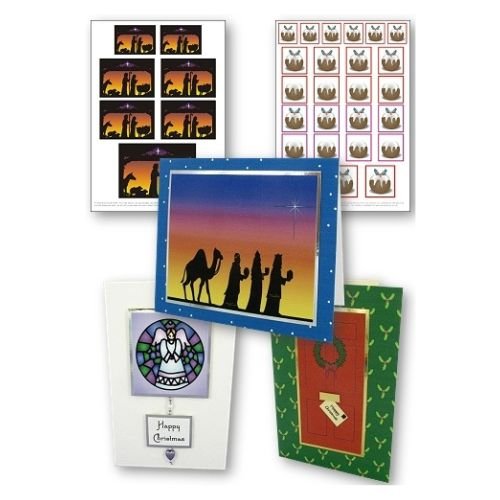 Printable Heaven’s Download - Set - Christmas - Traditional includes printable Christmas cards and stickers with Three Wise Men, angel stained glass, crowns, and wreaths designs, all arranged on a white background.