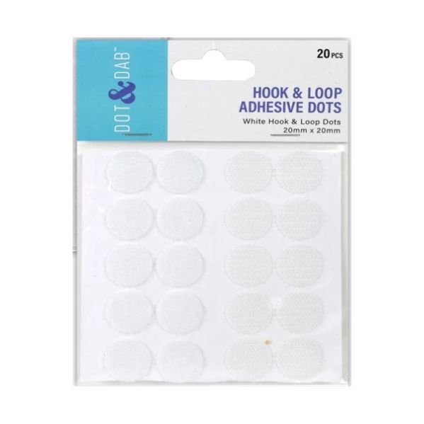 A pack of 20 Printable Heaven Dot & Dab Hook & Loop Fastening Dots (2cm, DDADH033), in clear packaging with a blue and white “HOOK & LOOP ADHESIVE DOTS” label. Ideal for removable badges and easy fastening tasks.