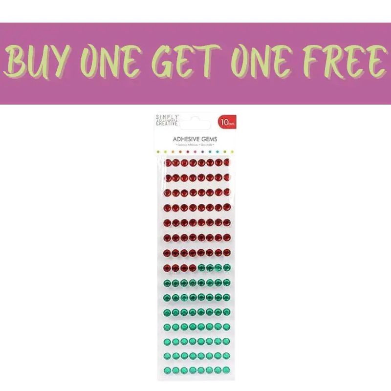 A package of Simply Creative 10mm Gems - Red and Green (SCDOT022) with a Buy One Get One Free banner, serving as versatile craft embellishments.