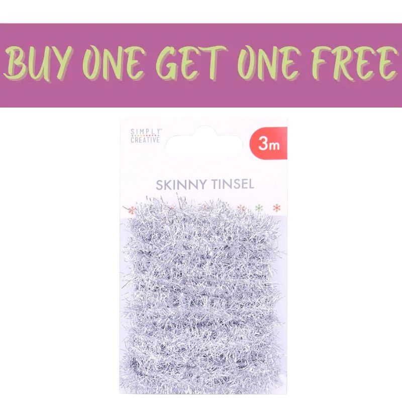 Simply Creative Skinny Tinsel Silver (SCTOP067X19) 3-meter package of silver skinny tinsel for festive décor, featuring a banner reading Buy one get one free.