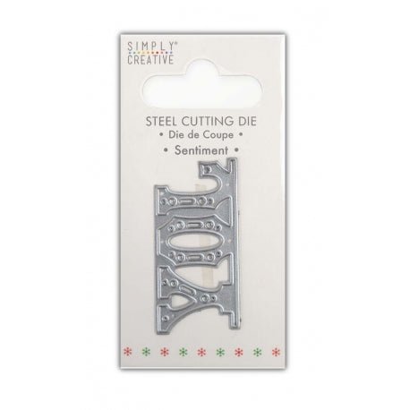 A steel mini die shaped as "JOY" from Printable Heaven, compatible with most die-cutting machines, packaged on a white card labeled SIMPLY CREATIVE CHRISTMAS MINI DIE - Joy (SCDIE161X21).