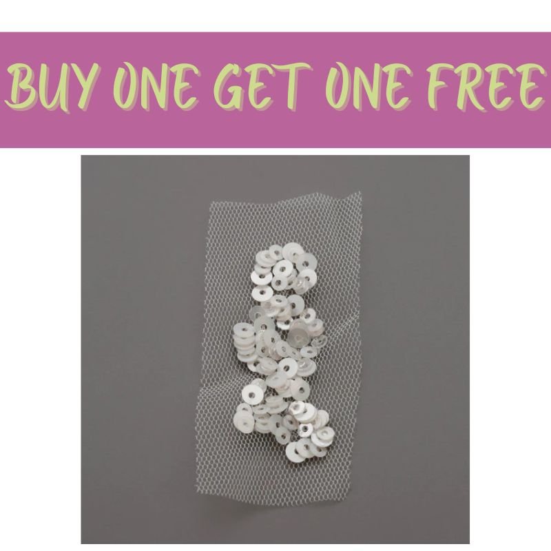 A gray background displays a pink banner with yellow text: “2 FOR 1 OFFER - Sequin Cluster Beaded Motif (3pcs)” by Fast Bundle, shown above shimmering silver sequin mesh—ideal for crafting or garment decoration.