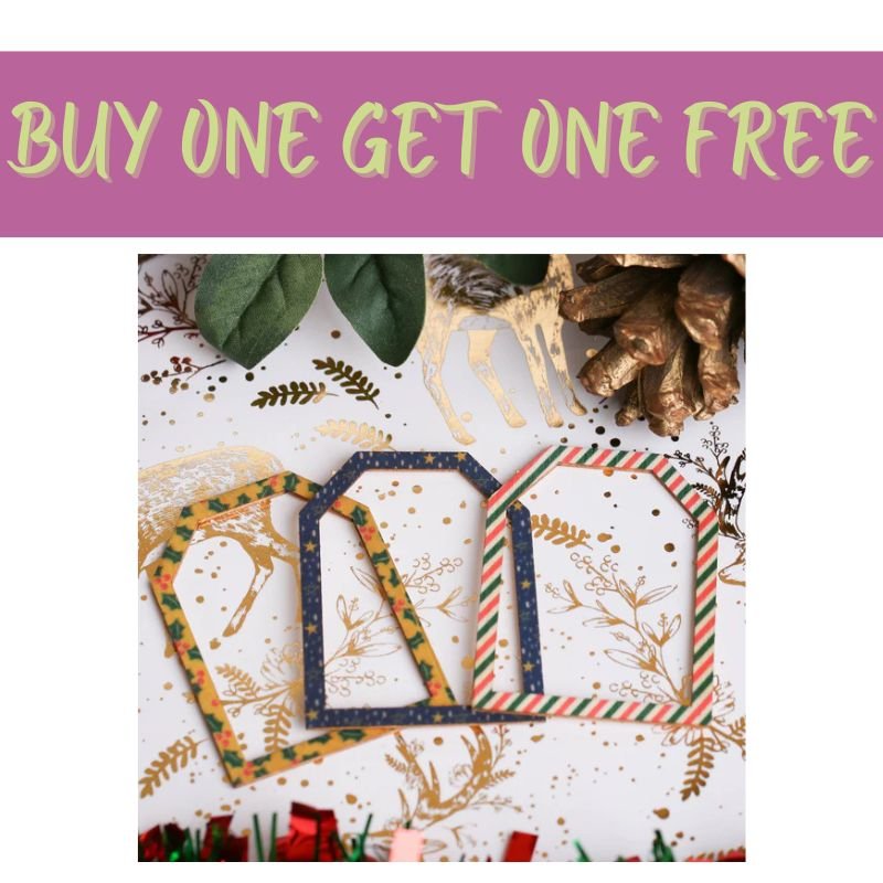 A “2 FOR 1 OFFER” banner above a photo of three Naughty or Nice Wooden Frames by Fast Bundle, set on a festive holiday background with pinecones, leaves, gold deer illustrations, and Christmas décor accents.