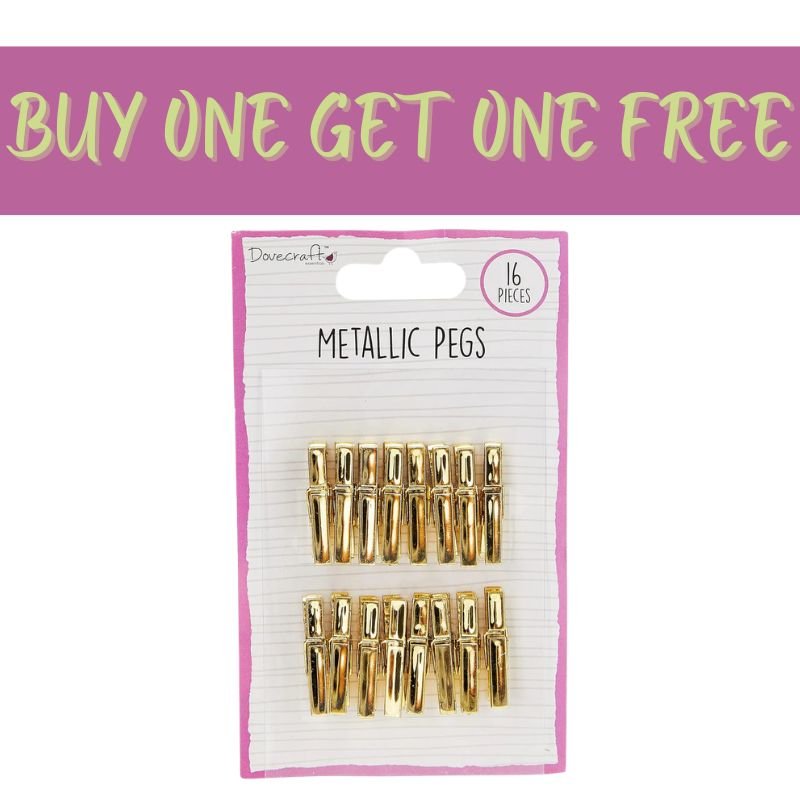 The Fast Bundle 2 FOR 1 OFFER includes 16 Dovecraft Metallic Pegs in gold (DCBS171), perfect for papercrafts and scrapbooking. The package features a white and pink backing with a purple "BUY ONE GET ONE FREE" banner in gold letters.