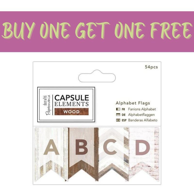 A promo image displays a 2 FOR 1 OFFER on Fast Bundle’s Papermania Alphabet Flags (54pcs, Elements Wood, PMA 174672), with four neutral flag tags labeled A, B, C, and D—ideal for crafting projects.