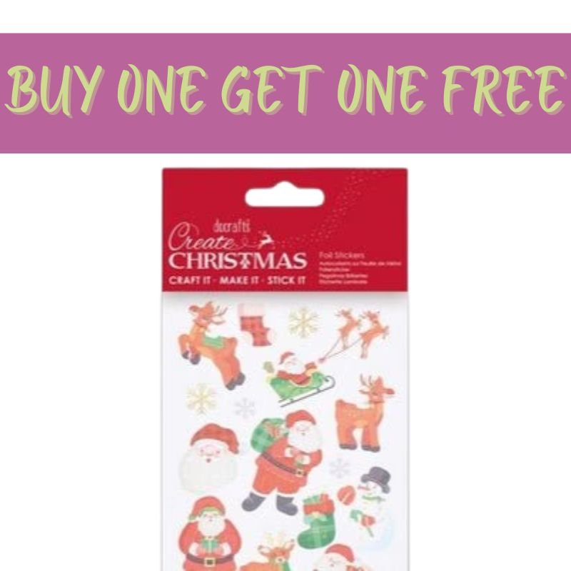 Fast Bundle’s 2 FOR 1 OFFER - Foil Stickers - Create Christmas - Leaping Deer features festive foil stickers with Santa, a leaping deer, and snowflakes under a bold BUY ONE GET ONE FREE banner.