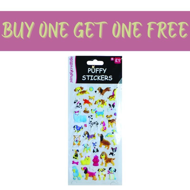 The Fast Bundle 2 FOR 1 OFFER - Simply Creative Puffy Stickers - Dogs (SC076) is featured under a bold gold BUY ONE GET ONE FREE banner on purple—ideal for scrapbooking and creative projects.