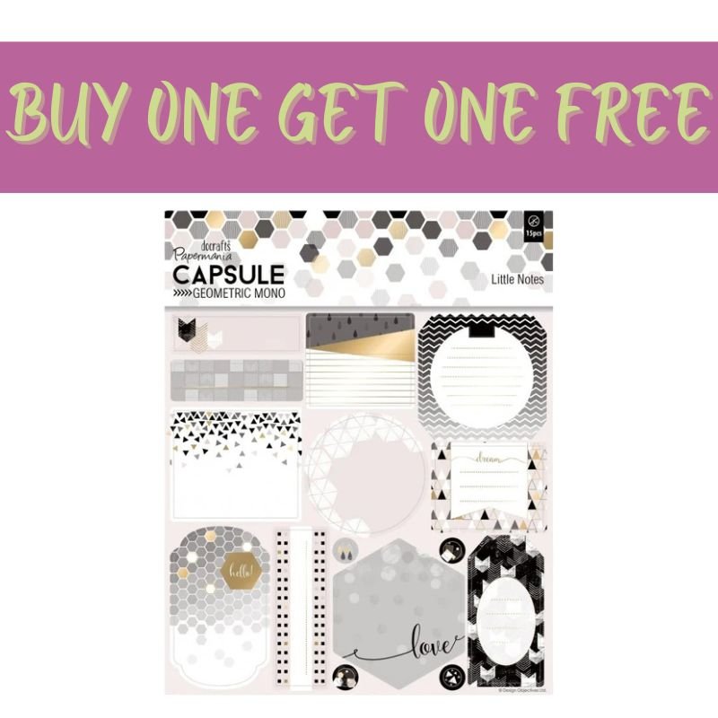 A promo image shows the Fast Bundle 2 FOR 1 OFFER - Little Notes (12pcs) - Capsule - Geometric Mono set with neutral geometric stickers, ideal for cardmaking. A purple banner on top reads BUY ONE GET ONE FREE in bold gold and pink text.