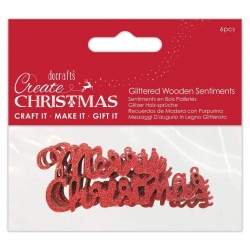 Wooden Glittered Merry Christmas Red, 6pcs (PMA 174978)