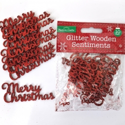 Wooden Glittered Merry Christmas 10 pack - Red (XMA4073)