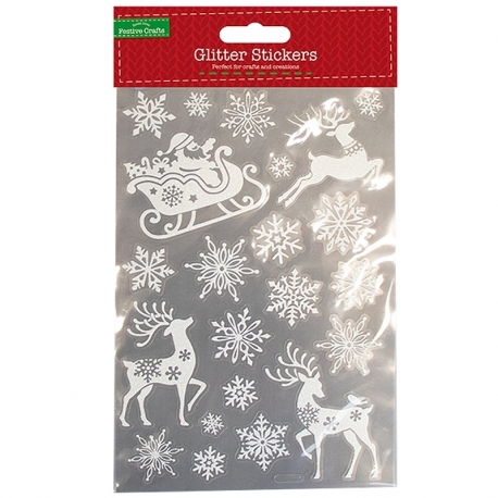 Xmas White Glitter Stickers - Santa Sleigh Reindeer (XMA4258)
