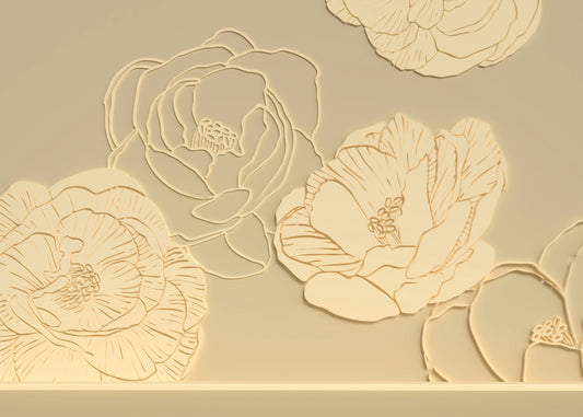 An embossed flower design on a wooden background. 