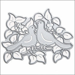 A cutting die template in the shape of two doves on a tree branch.