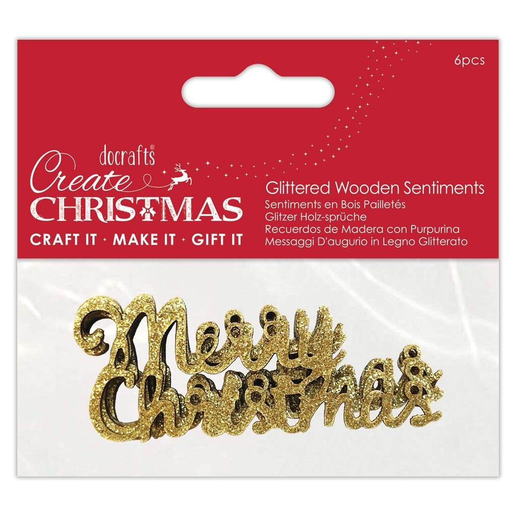 Wooden Glittered Merry Christmas Gold, 6pcs